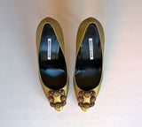 Manolo Blahnik Hangisi 70 Gold Heels with rhinestone buckle