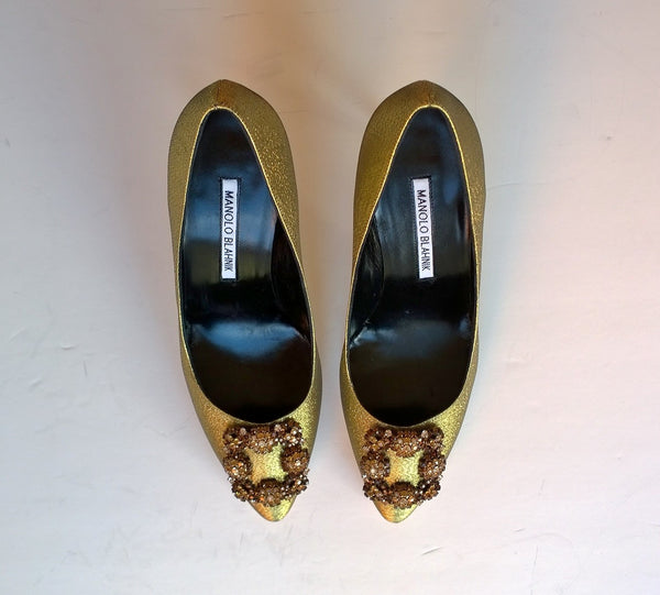 Manolo Blahnik Hangisi 70 Gold Heels with rhinestone buckle