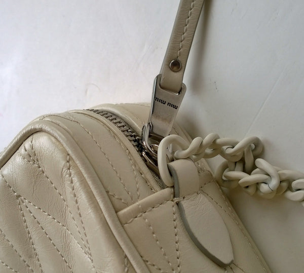 Miu Miu Matelassé Enamel Chain Bag in Cream Patent Leather Trapuntato Bandoleer
