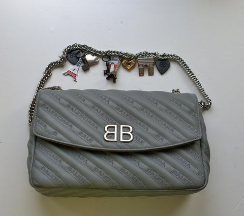 Balenciaga BB Grey Leather Paris Charm Bracelet Bag