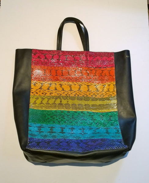 Celine Rainbow Watersnake Sale Shopper Discount Tote Bag Black Leather