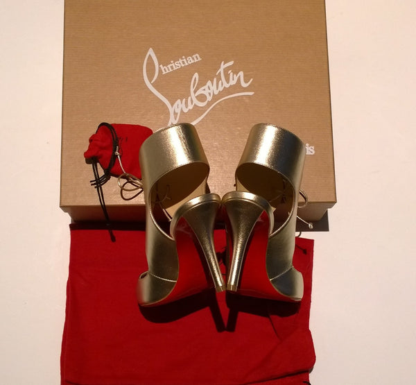Christian Louboutin Top Nic 85 Gold Ankle Tie Heels Peep Toe Sandals