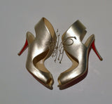 Christian Louboutin Top Nic 85 Gold Ankle Tie Heels Peep Toe Sandals