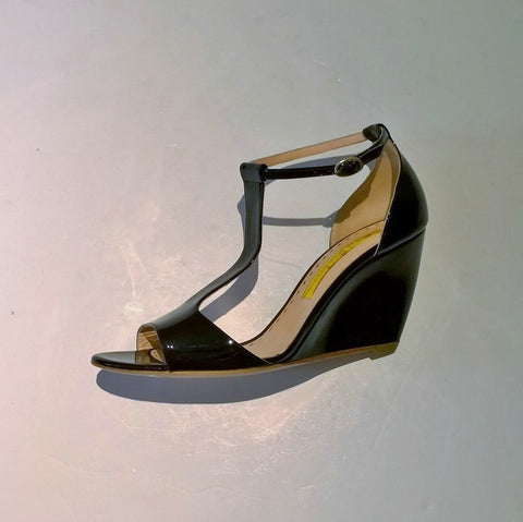 Rupert Sanderson Jenny Black Patent T-Bar Wedge Sandals Sale Heels