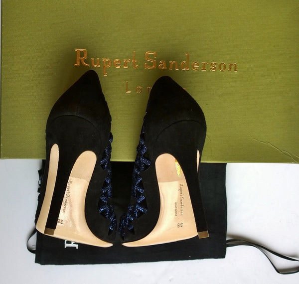 Rupert Sanderson Black Suede Heels with Blue Metallic Detail