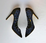 Rupert Sanderson Black Suede Heels with Blue Metallic Detail