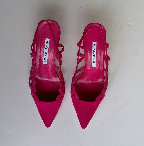 Manolo Blahnik Wonka Hearts Pink Suede Sandals Fuchsia sale heels