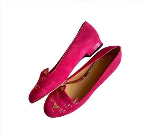 Charlotte Olympia Bright Pink Suede kitty flats sale shoes