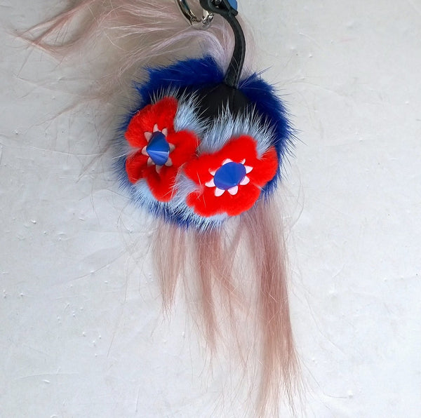 Fendi Flowery Red and Blue Fur Bag Charm handbag keychain