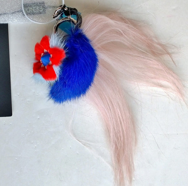 Fendi Flowery Red and Blue Fur Bag Charm handbag keychain