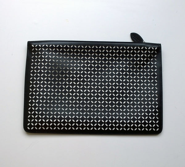 Alaia Arabesque Black Leather laser cut white backing clutch evening bag