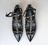 Valentino Noir Rockstud Flats in Black Patent with black straps and black studs