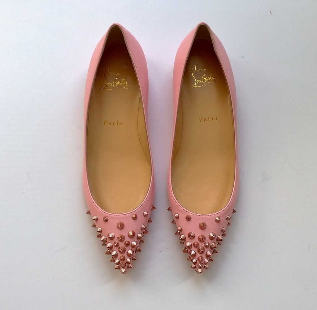 Optimistisk eksplodere Luksus Christian Louboutin Spikyshell Pink Leather Flats shoes sale – AvaMaria