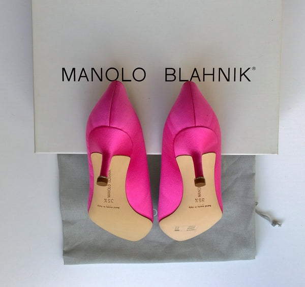 Manolo Blahnik Hangisi Pink Satin Rhinestone Heels  buckle court shoes 50