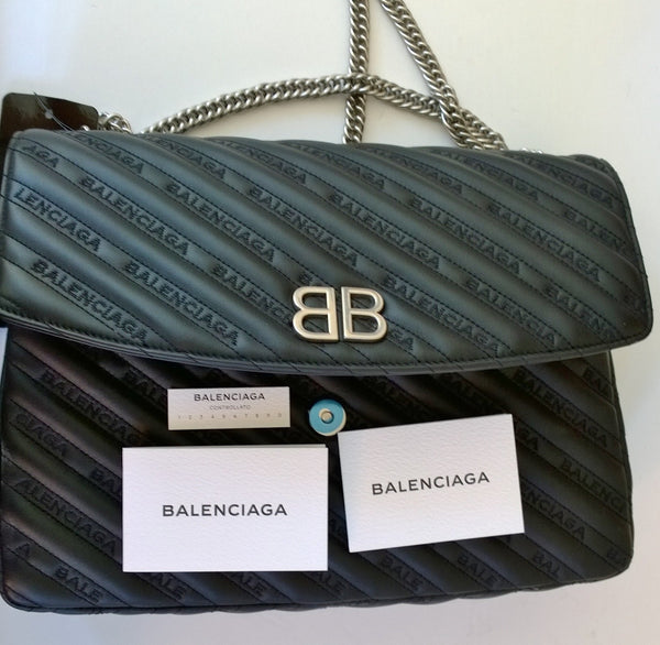 Balenciaga BB Lock Round Large Black Leather Embroidery Medium Bag