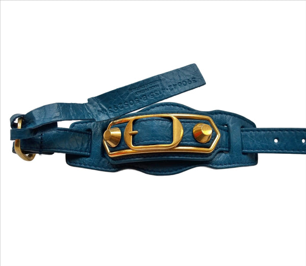 Balenciaga Blue Leather City Bracelet with gold studs