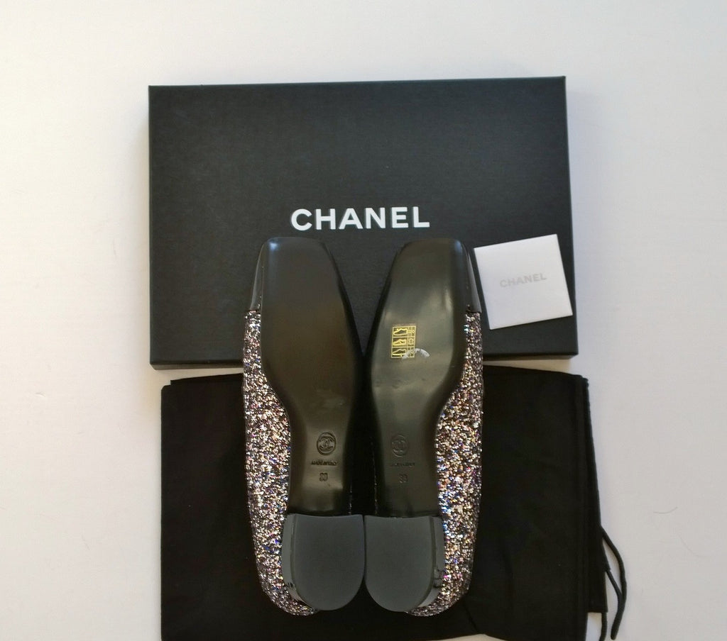 Chanel Glitter Loafers CC Flat Shoes Black Patent Cap Toe New – AvaMaria