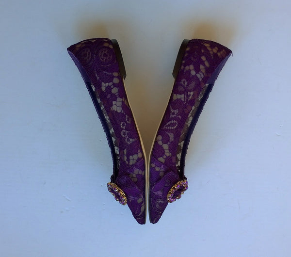 Dolce & Gabbana Purple Lace Flats Rhinestone buckle shoes
