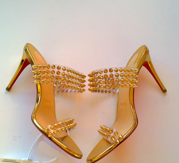 Christian Louboutin Spikes Only Gold Specchio 85 PVC and Leather Mules new sandals