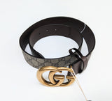 Gucci GG Supreme Brass Buckle Canvas and Brown Leather Belt 4cm