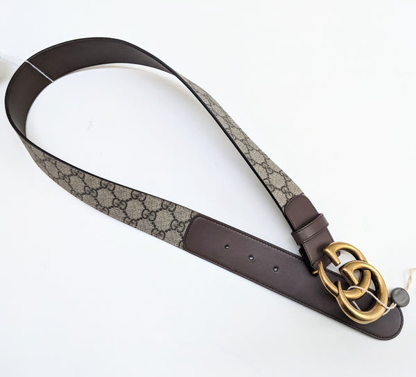 Gucci GG Supreme Brass Buckle Canvas and Brown Leather Belt 4cm