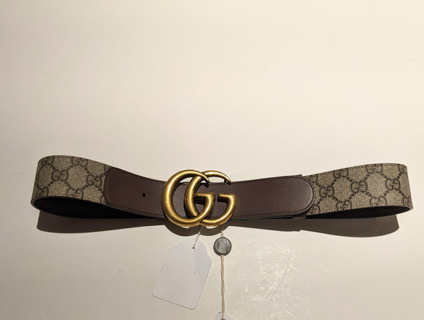 Gucci GG Supreme Brass Buckle Canvas and Brown Leather Belt 4cm