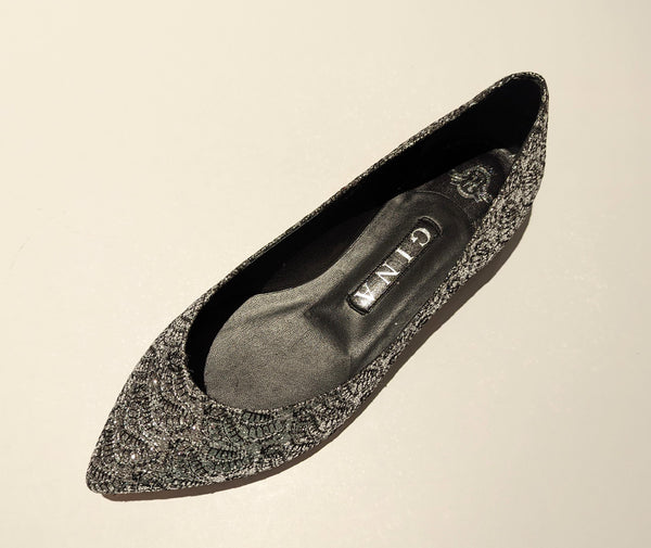 Gina Darcy Silver Glitter Lace Leather Flats Pointy Pumps