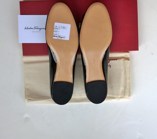 Ferragamo Varina Black Patent Flats new in box shoes bow flats