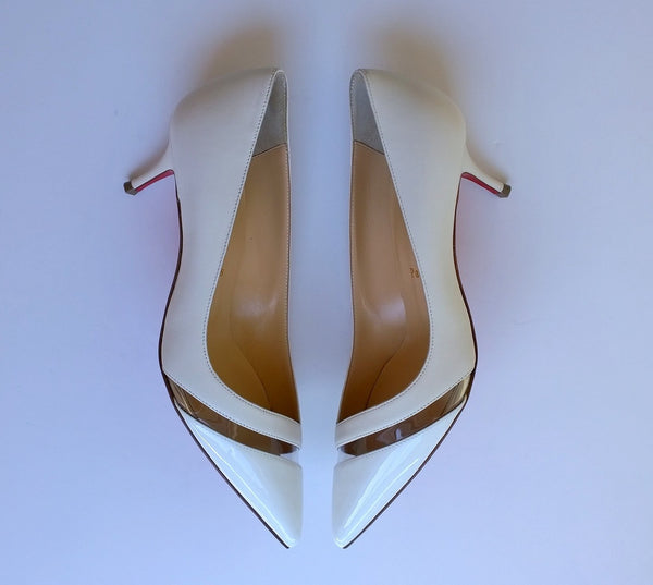 Christian Louboutin 17th Floor 55mm Heels in Latte White Leather and Patent PVC shoes