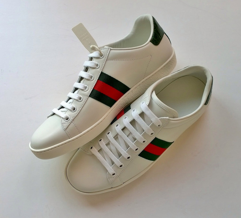 Gucci New Ace Classic Green Sneakers in White Leather new in box