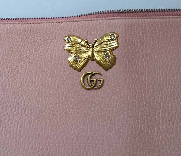 Gucci Butterfly GG Logo Shell Pink Leather Clutch Bag