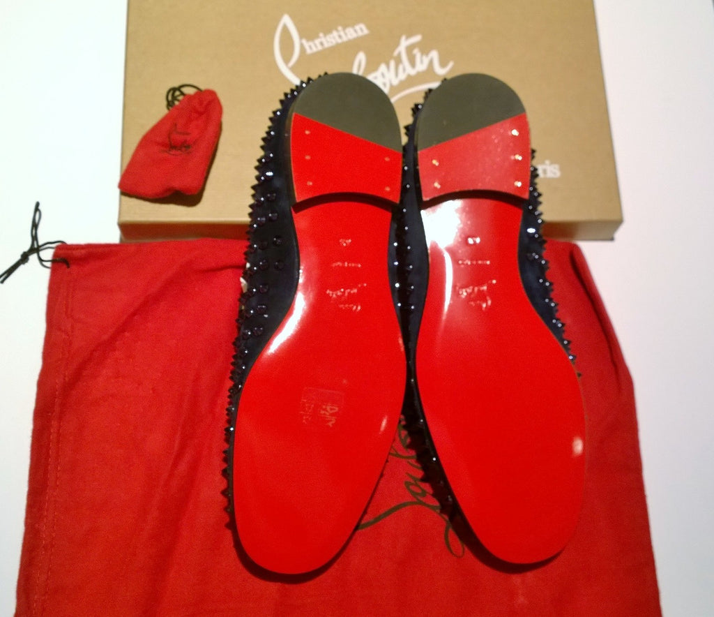 red bottom dress shoes with spikes Christian Louboutin Red Spike Flat Men Dress Shoes 42.5 Slip-On Pik Boat Suede
