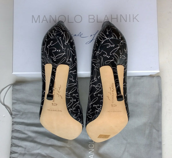 Manolo Blahnik Hangisi A Decade of Love Black Printed Leather Buckle Heels 105