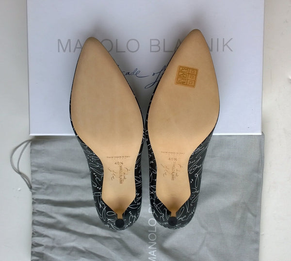 Manolo Blahnik Hangisi A Decade of Love Black Printed Leather Buckle Heels 105