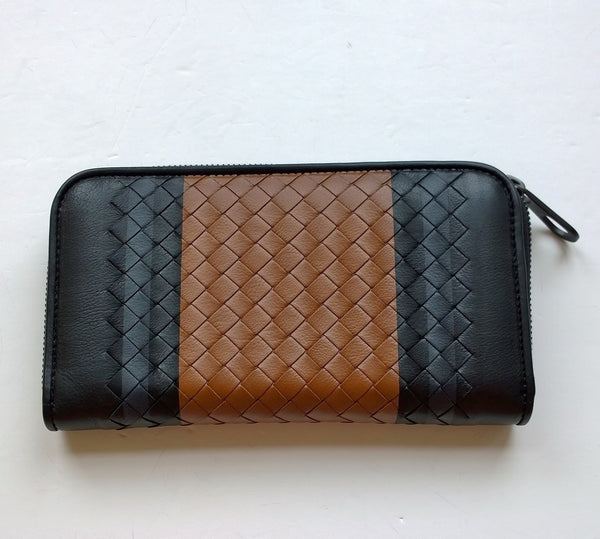 Bottega Venetta Black Woven Leather Wallet with Brown and Navy Color Block