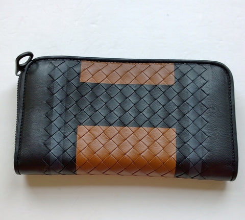 Bottega Venetta Black Woven Leather Wallet with Brown and Navy Color Block