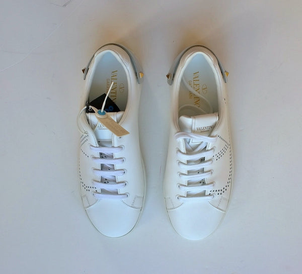 Valentino Garavani Backnet V-logo White Leather Trainers with Silver Tab Rockstud sneakers