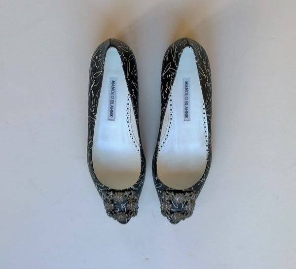 Manolo Blahnik A Decade of Love Hangisi black printed leather shoes