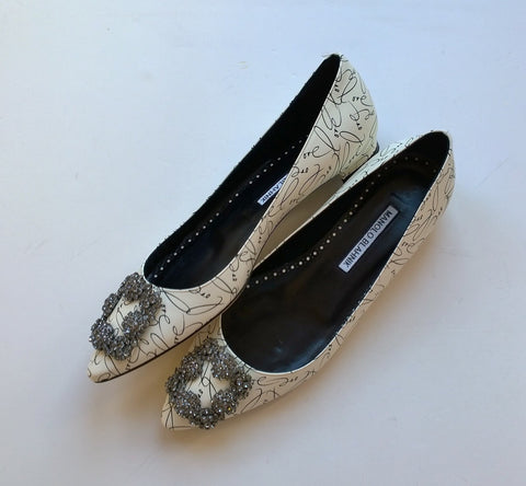 Manolo Blahnik A Decade of Love white printed leather flats shoes with rhinestone buckle