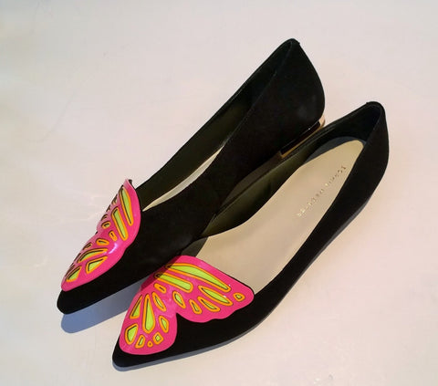 Sophia Webster Bibi Butterfly Flats in Black Suede and Neon Pink and Yellow