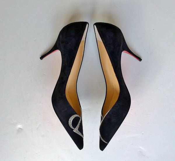 Christian Louboutin CL Logo Pumps Strass Black Suede 85 Heels Rhinestone shoes