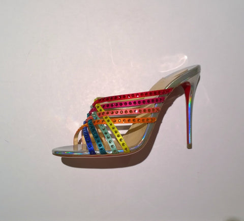 Christian Louboutin Martha Strass 100 Crystal Crepe Satin Spec Laser Rainbow Mules Sandals Heels