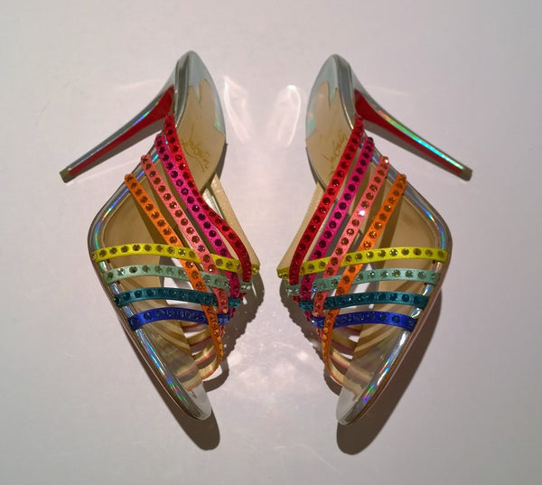 Christian Louboutin Martha Strass 100 Crystal Crepe Satin Spec Laser Rainbow Mules Sandals Heels