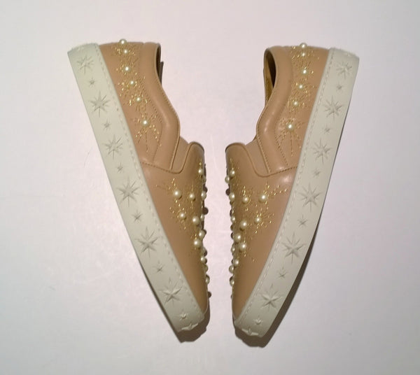 Aquazzura Cosmic Pearls Beige Nude Leather Slip On Sneakers