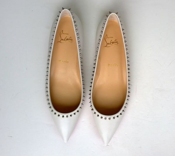 Christian Louboutin Anjalina Flat in White Leather Snow Silver Studs Spikes shoes