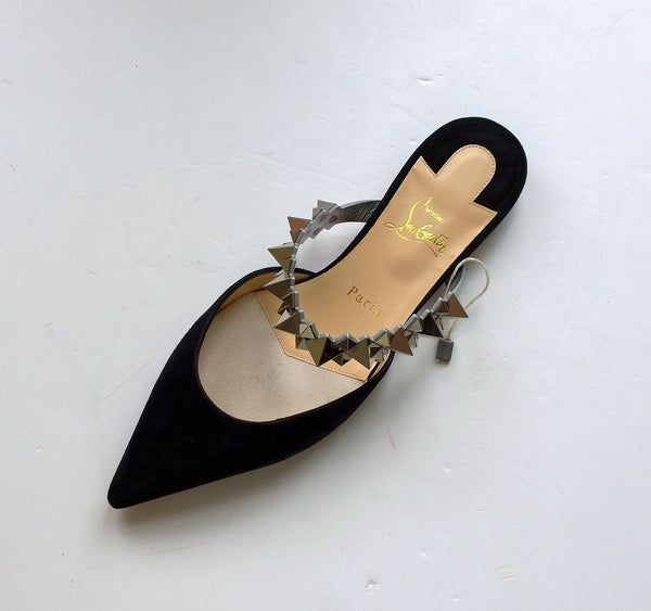 Christian Louboutin Planet Choc Black Suede Flats with Silver Details Slide Shoes Spikes Mules