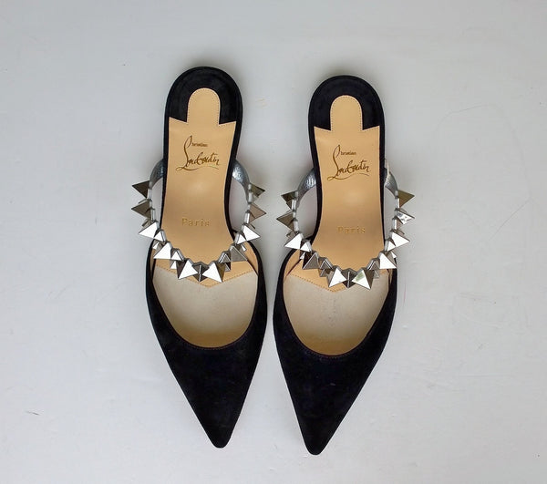 Christian Louboutin Planet Choc Black Suede Flats with Silver Details Slide Shoes Spikes Mules