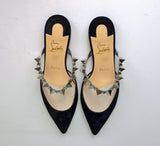 Christian Louboutin Planet Choc Black Suede Flats with Silver Details Slide Shoes Spikes Mules