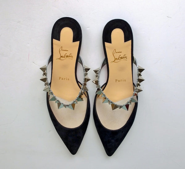 Christian Louboutin Planet Choc Black Suede Flats with Silver Details Slide Shoes Spikes Mules
