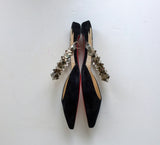 Christian Louboutin Planet Choc Black Suede Flats with Silver Details Slide Shoes Spikes Mules